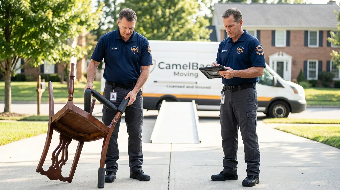 Movers inspecting furniture for damage prevention before loading in Cave Spring, GA