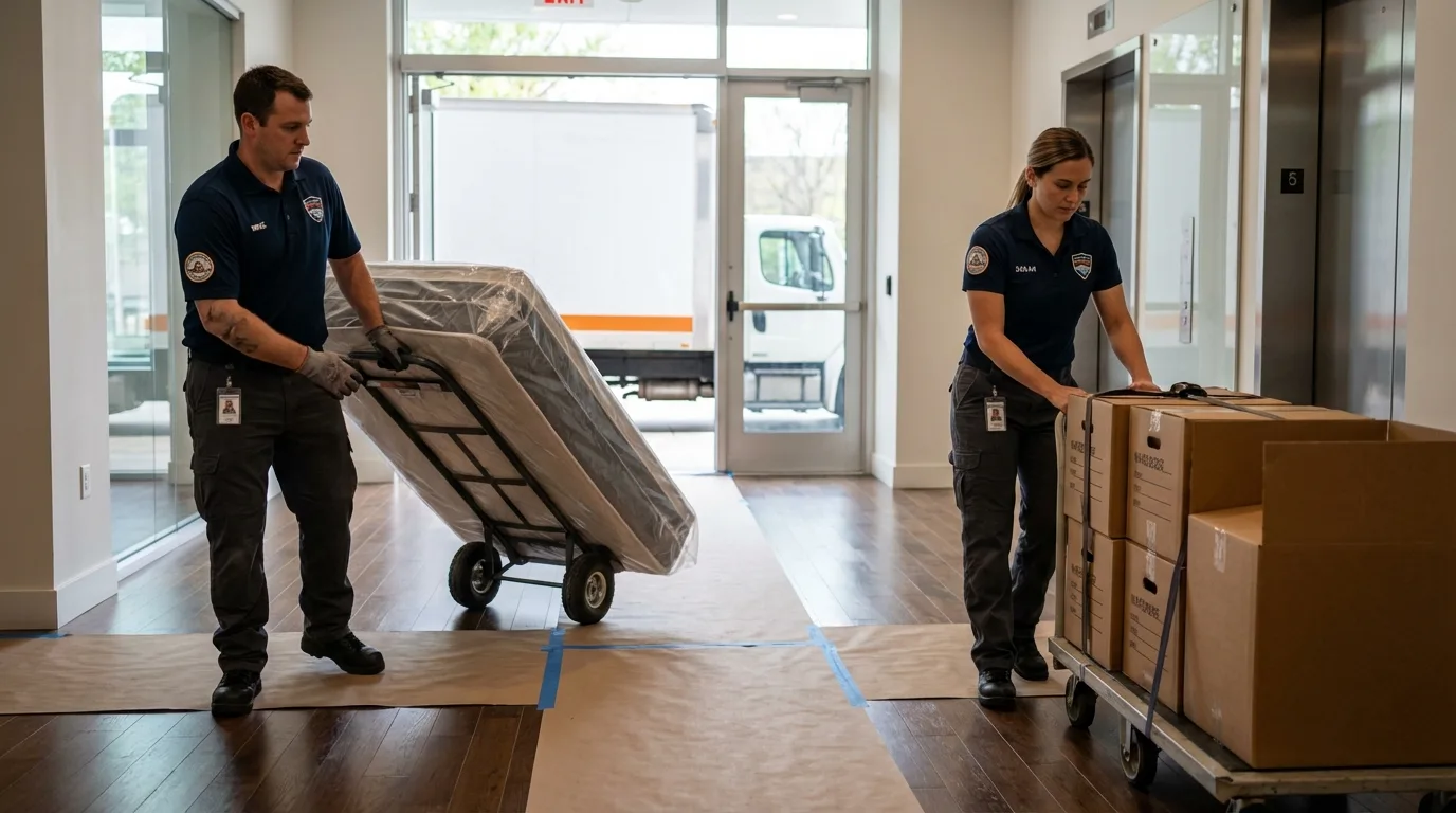 Professional apartment movers loading elevator in Cave Spring, GA